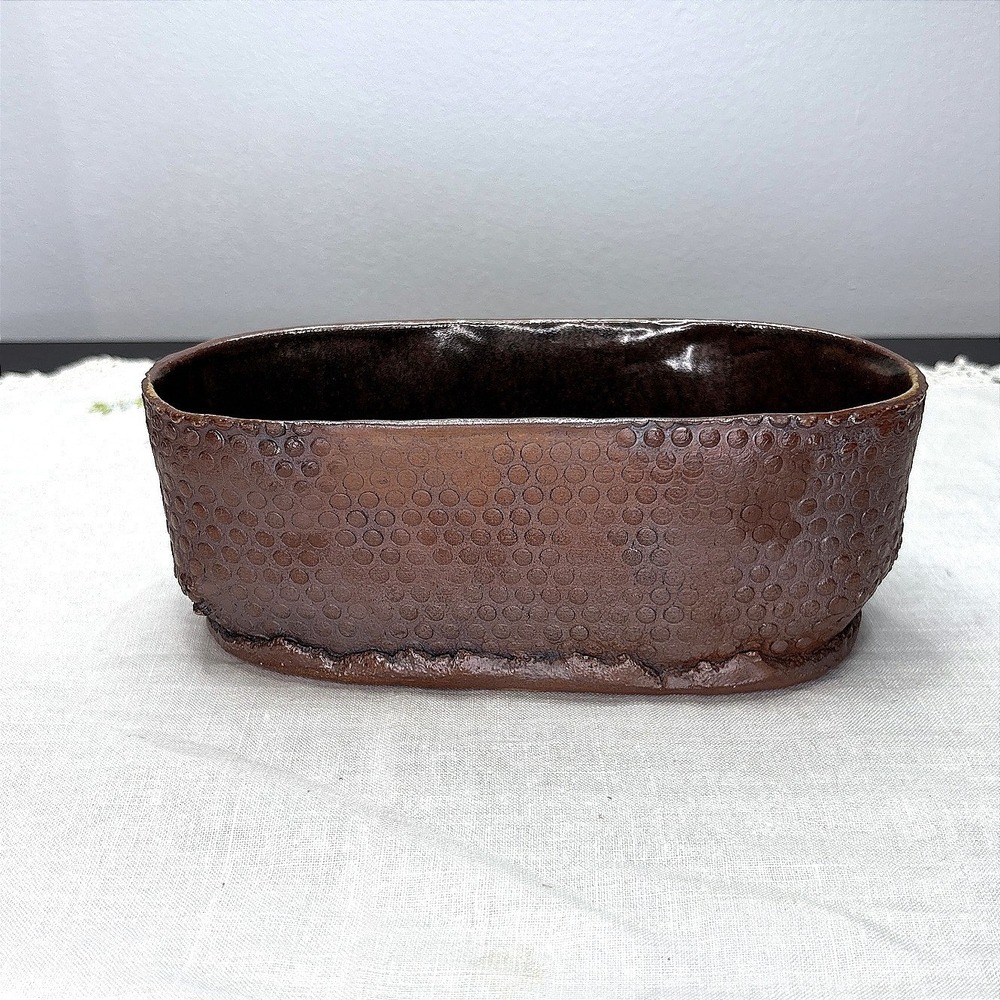 Rush Studio Pottery Textured Brown Oval Planter Dotted Ceramic Pot